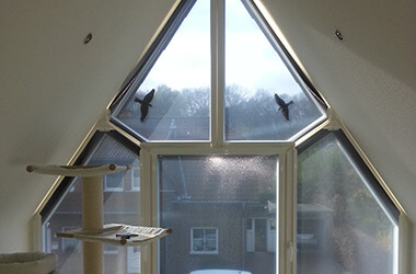 Privathaus mit Giebelförmigem Fenster, beschattet mit Multifilm Rollos - Blick von innen